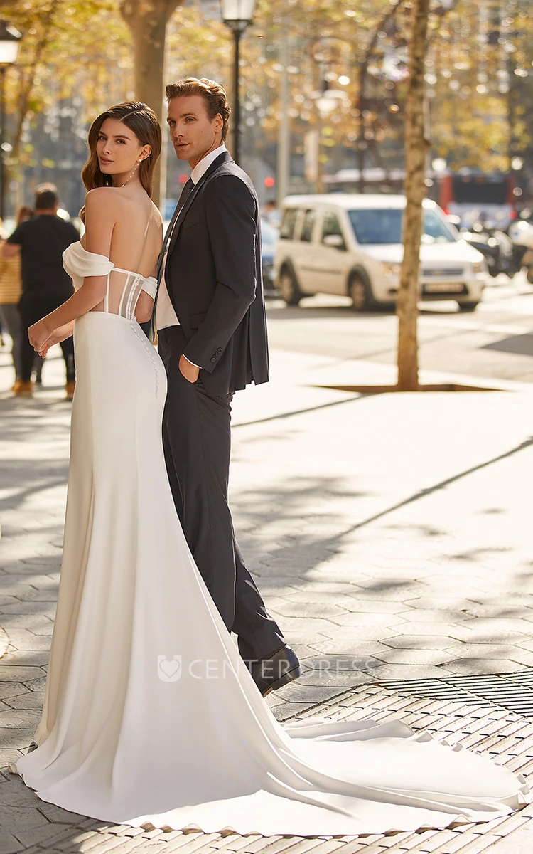 Modern Mermaid Wedding Dress with Simple Off-the-Shoulder Design and Court Train Wedding Dress