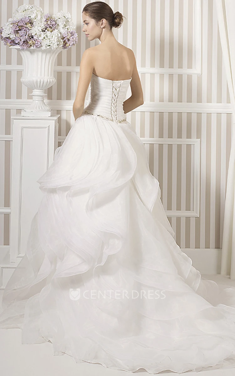 A-Line Ruffled Maxi Sleeveless Strapless Organza Wedding Dress With Flower And Ruching