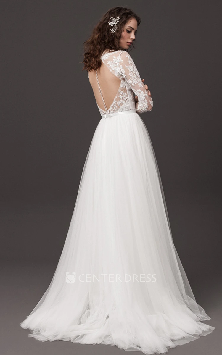 Modern Tulle Brush Train Long Sleeve A Line Plunging Neckline Wedding Dress with Sash
