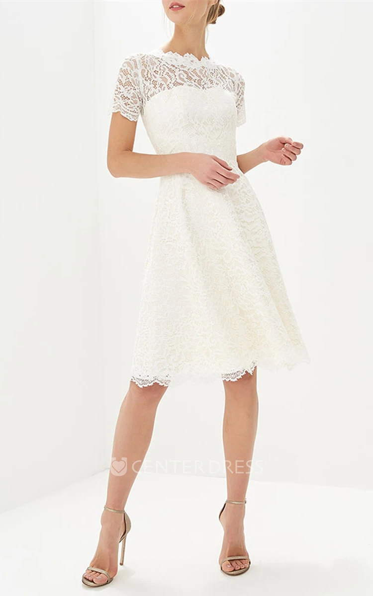 Vintage A Line Knee length Jewel Neck Lace Bridal Gown
