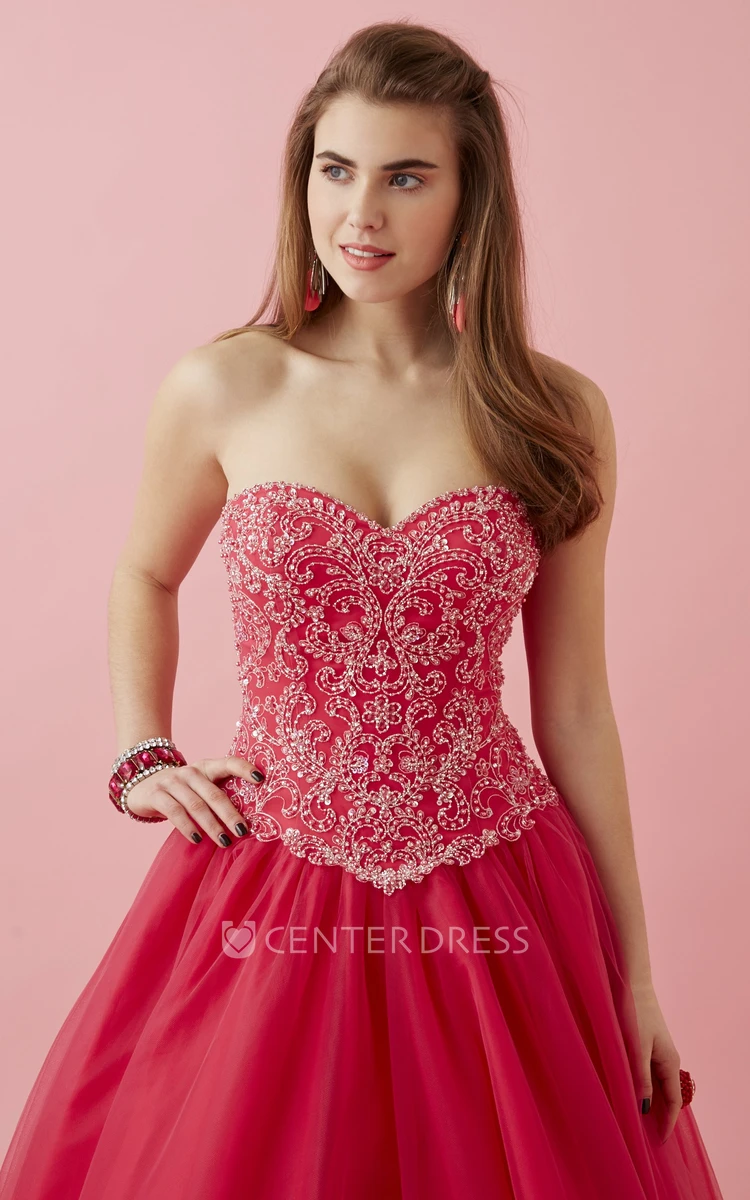 Ball Gown Sweetheart Sleeveless Tulle Satin Dress With Beading