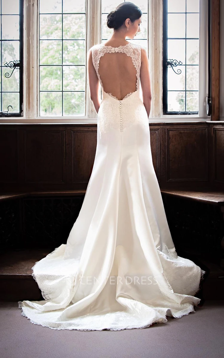 Sheath Long Sleeveless Bateau-Neck Appliqued Lace&Satin Wedding Dress With Beading