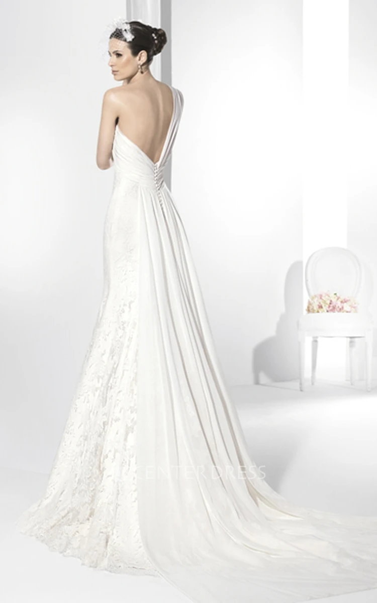 Sleeveless Ruched One-Shoulder Lace Wedding Dress
