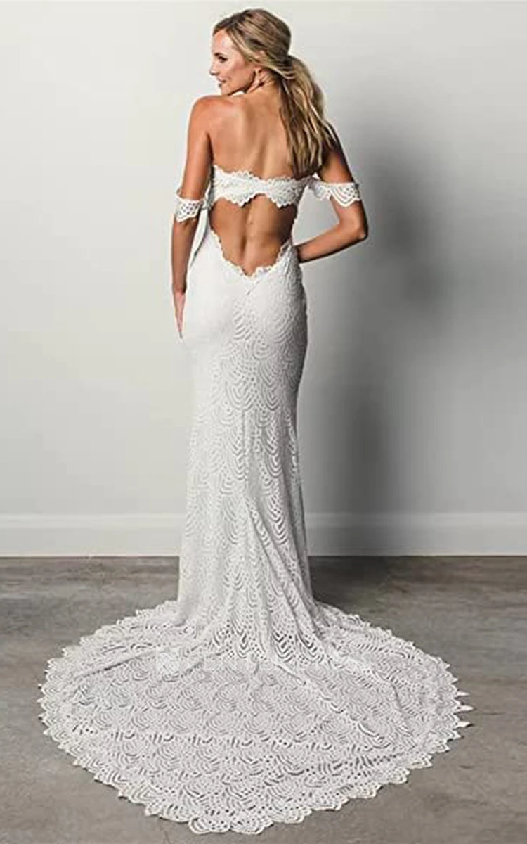 Lace Mermaid Wedding Dress with Off-the-shoulder Neckline and Split Front Elegant Lace Off-shoulder Wedding Dress