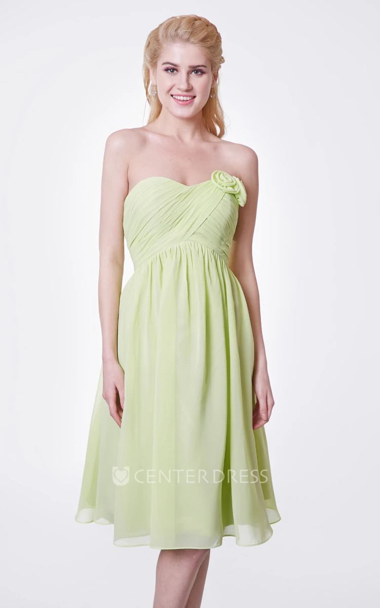 Floral Empire Knee Length Strapless Chiffon Dress With Pleated Skirt