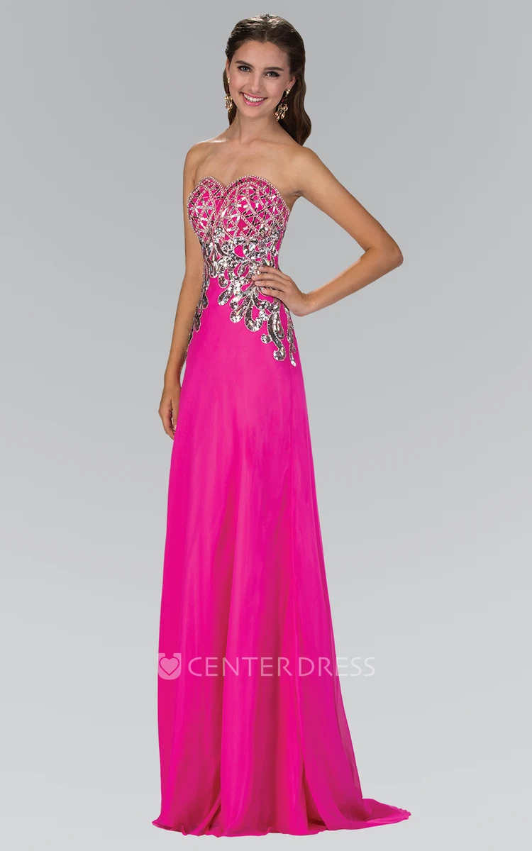 A-Line Maxi Sweetheart Sleeveless Chiffon Backless Dress With Sequins And Beading