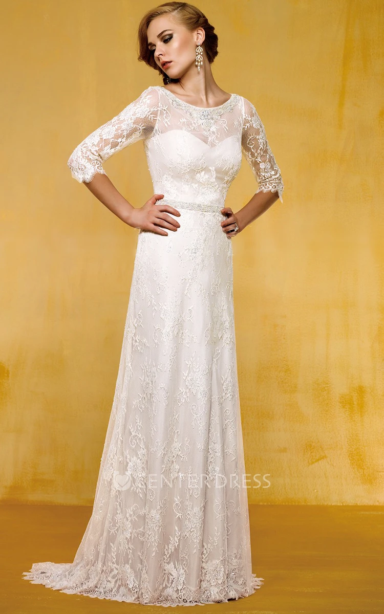 Half-Sleeved Long Wedding Dress With Appliques And Sweep Train