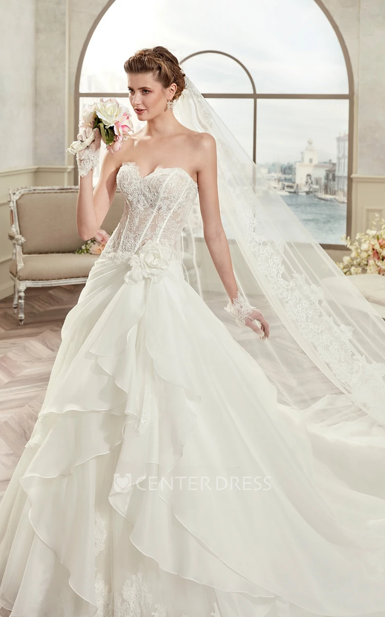 Sweetheart A-Line Bridal Gown With Lace Corset And Asymmetrical Ruffles
