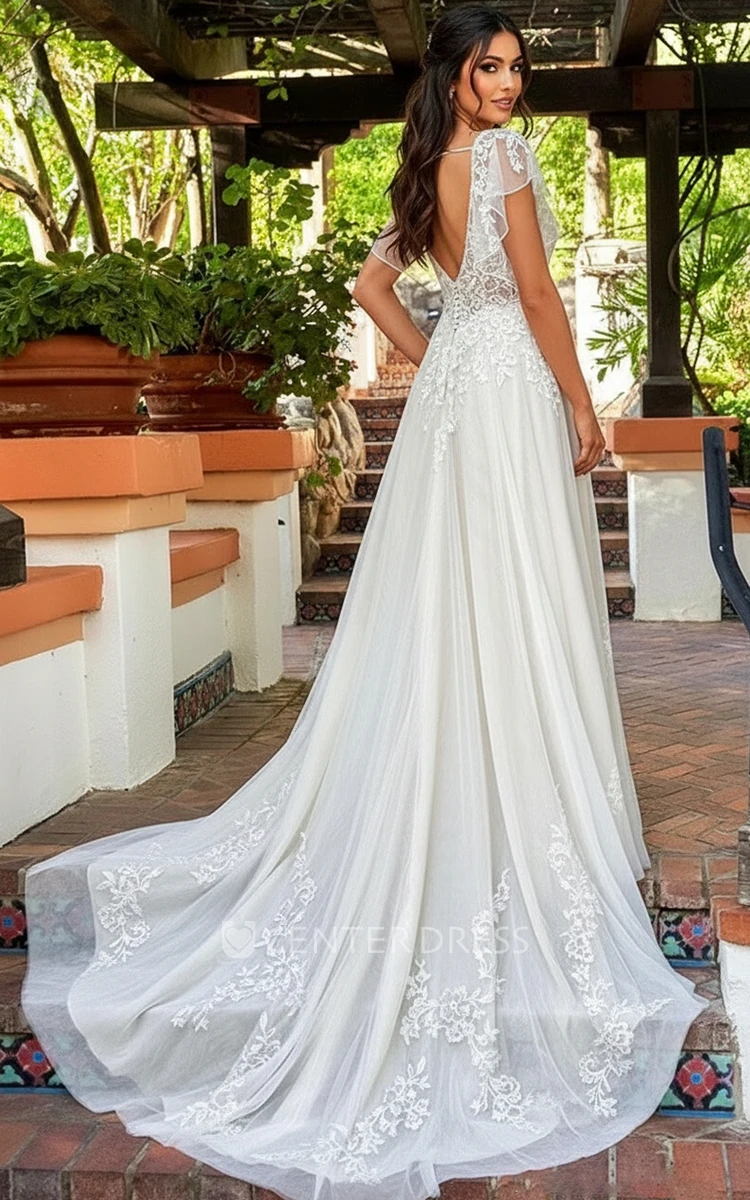 Vintage Flutter Sleeves A Line Wedding Dress Boho Lace V Neck Bridal Gown