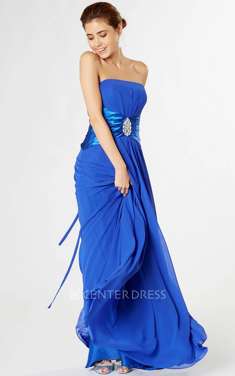 Ruched Strapless Chiffon Bridesmaid Dress With Broach And Corset Back