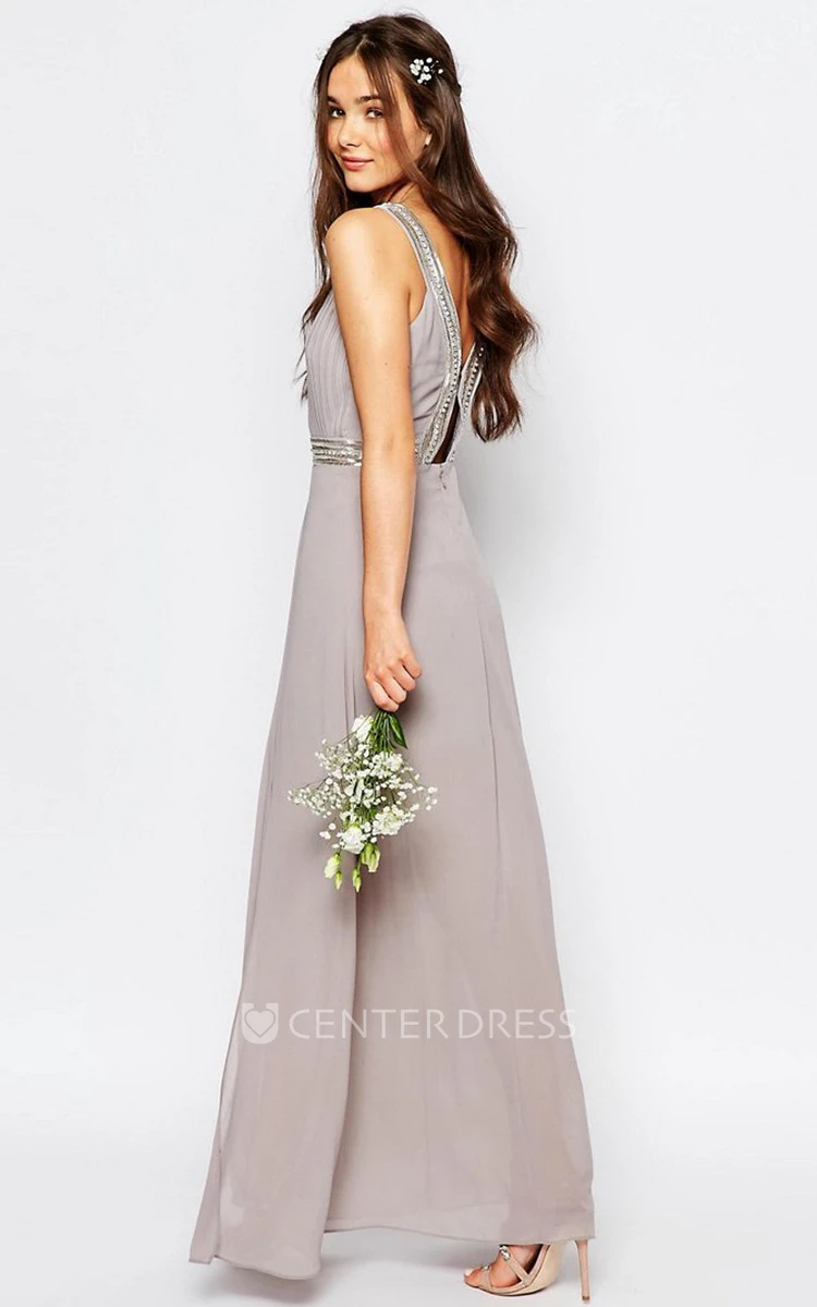 A-Line Floor-Length Beaded Sleeveless Scoop-Neck Chiffon Bridesmaid Dress With Pleats