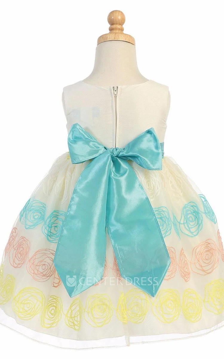 Floral Tea-Length Tiered Organza&Satin Flower Girl Dress With Embroidery