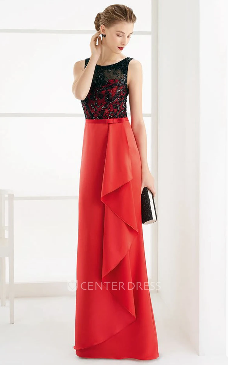 Sleeveless Side Drape Sheath Satin Long Prom Dress With Lace Top And Bow
