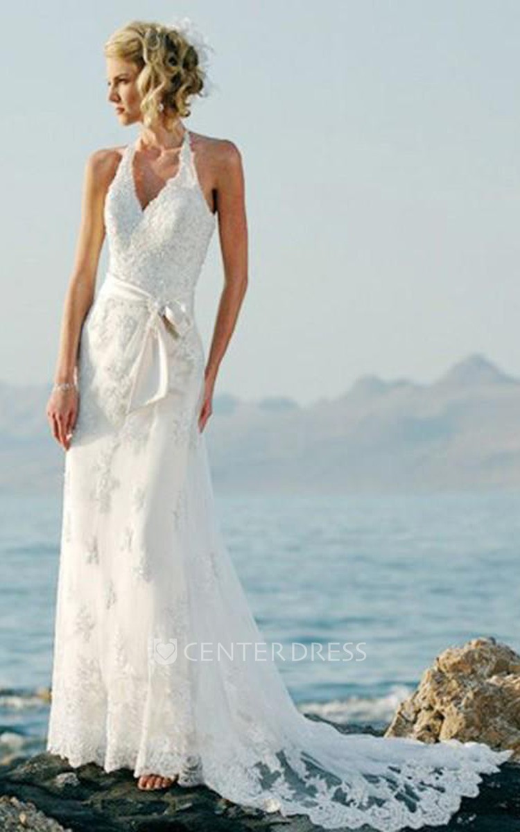 Sheath Column Sleeveless Halter Court Train Lace Wedding Dresses UCenter Dress