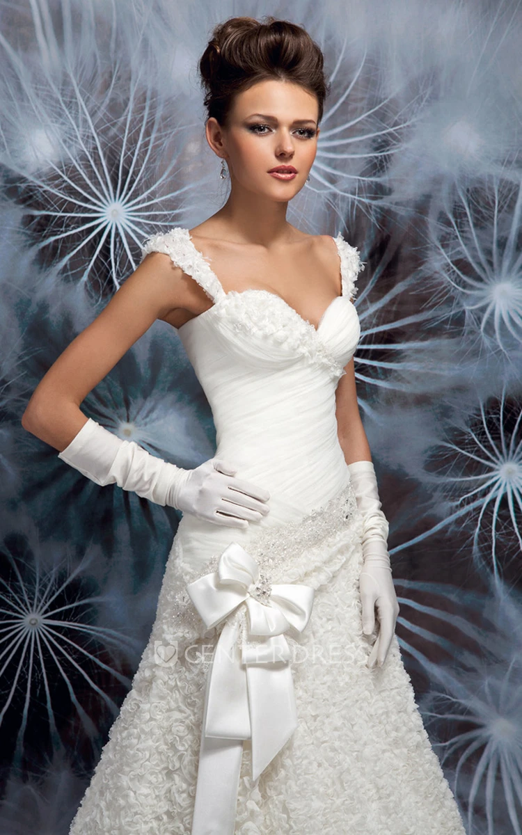 A-Line Ruffled Queen-Anne Floor-Length Wedding Dress With Criss Cross And Bow