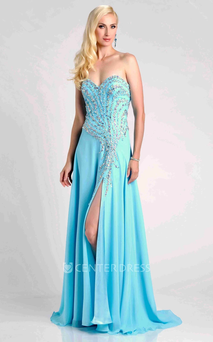 Sweetheart Chiffon A-Line Prom Dress With Side Slit And Crystal Detailing