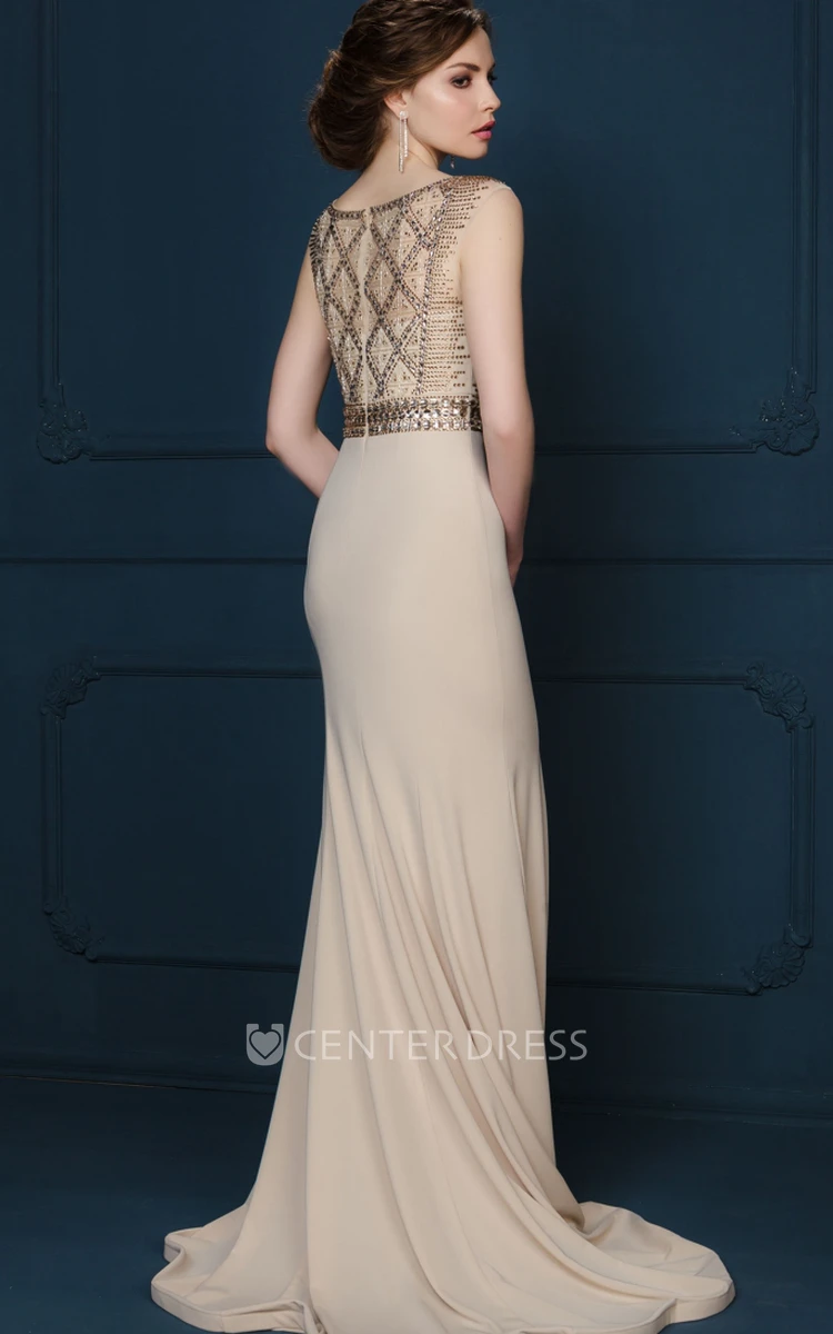 Sheath Sleeveless Scoop-Neck Floor-Length Crystal Jersey Evening Dress With Pleats