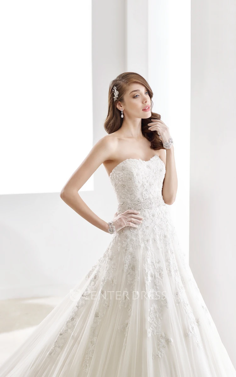 Strapless A-line Appliques Wedding Gown with Brush Train and Crystal Waist