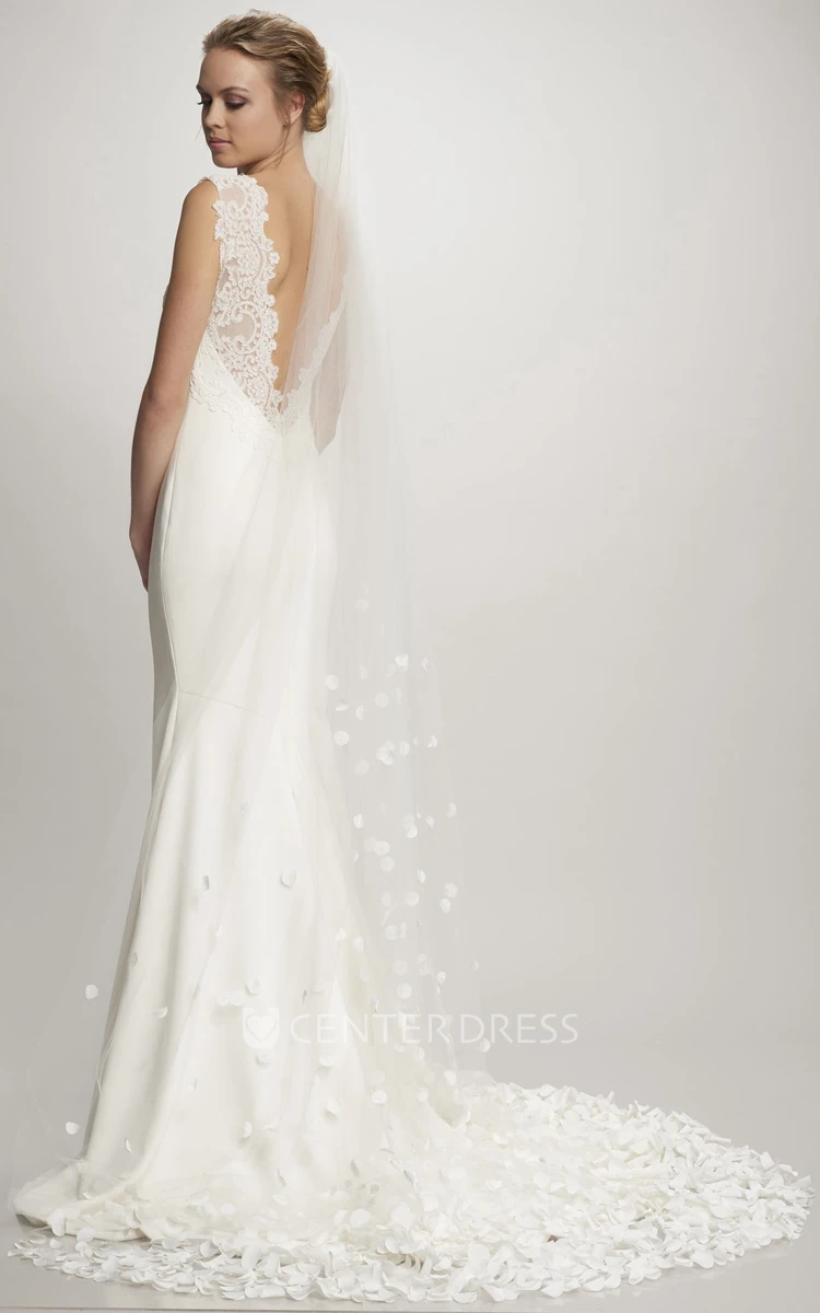 Sheath Lace Sleeveless Floor-Length Bateau Satin Wedding Dress With Deep-V Back And Court Train
