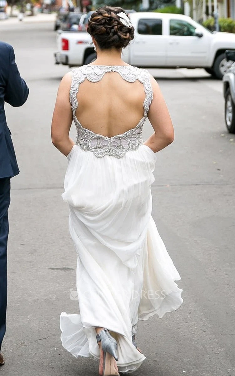 Greek A-Line Chiffon V-neck Wedding Dress With Keyhole Back And Pleats