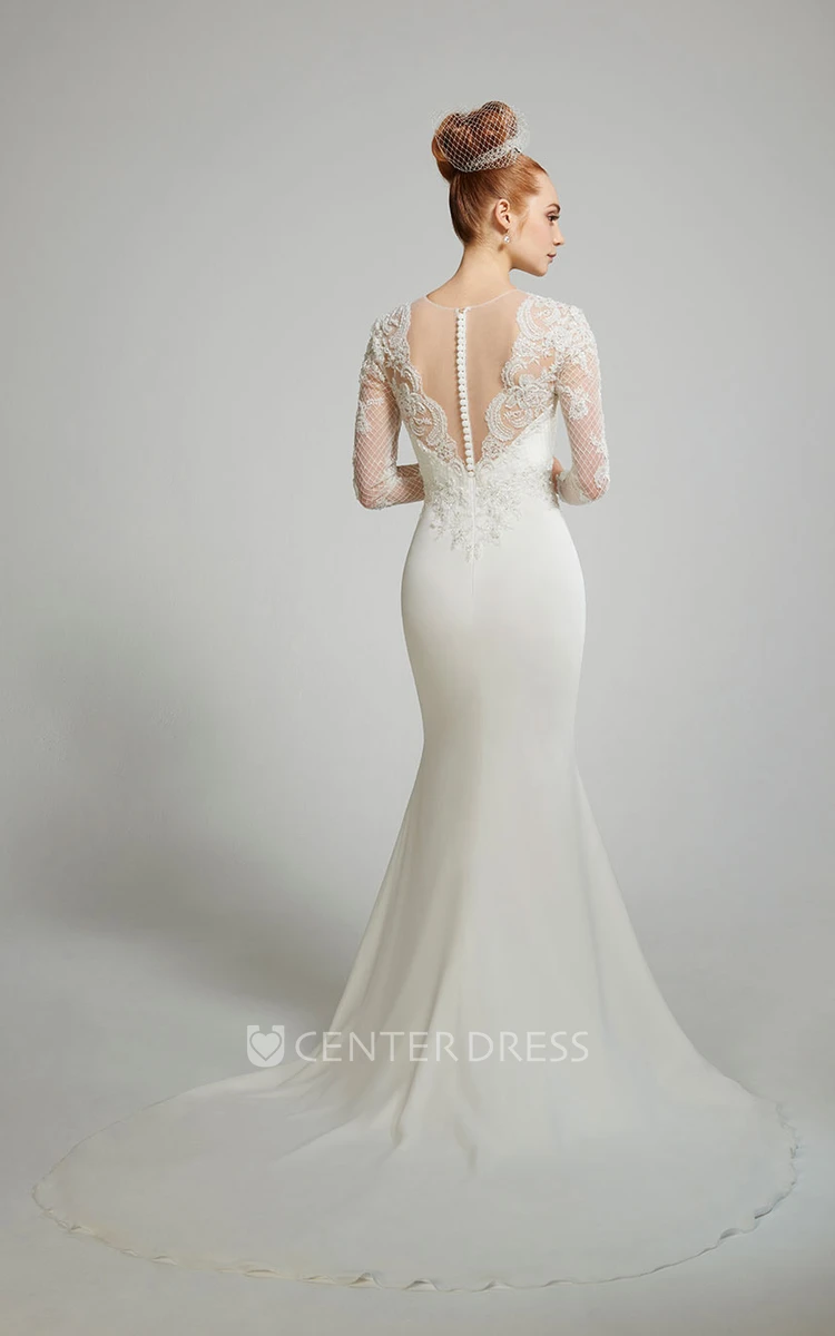 Sheath Long-Sleeve Scoop-Neck Floor-Length Chiffon Wedding Dress With Appliques And Illusion