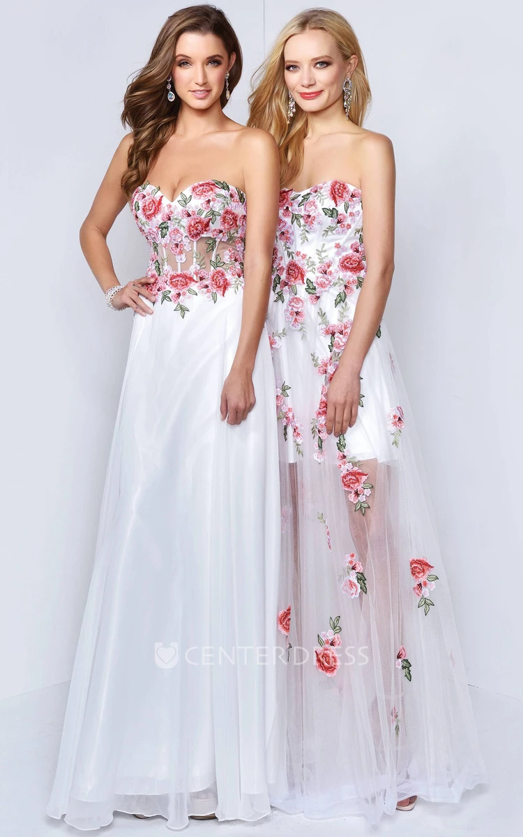 A-Line Strapless Sleeveless Tulle Backless Dress With Appliques And Flower