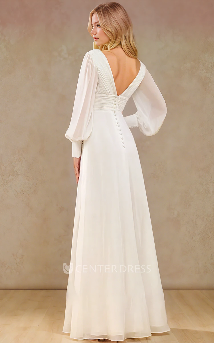 Long Sleeve Simple Casual Sexy V Neck Sheath Empire Floor-length Wedding Dress