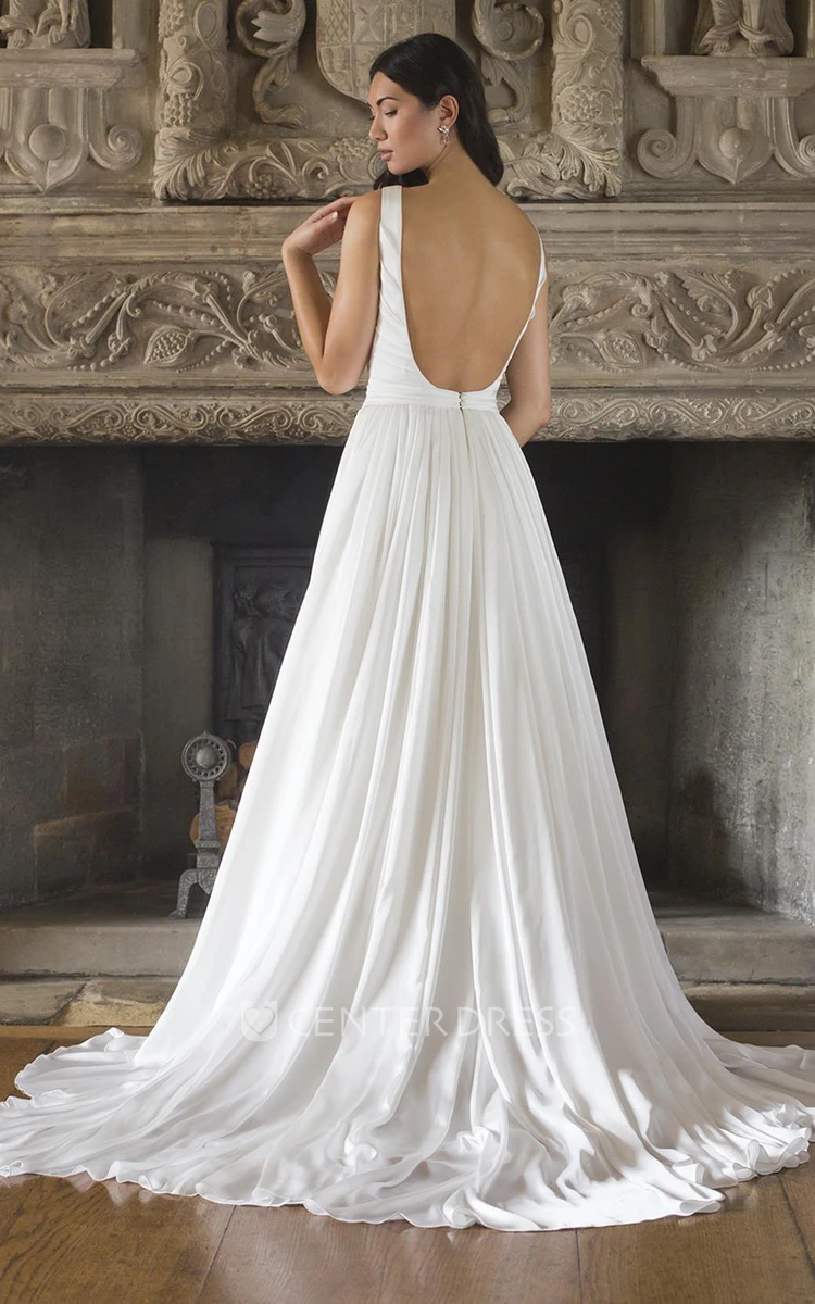A-Line Long Pleated Sleeveless V-Neck Chiffon Wedding Dress With Ruching And Backless Design