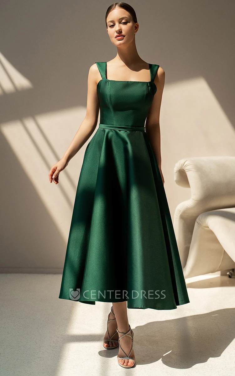 Casual A-Line Square Neck Tea-length Satin Cocktail Dress with Ruching