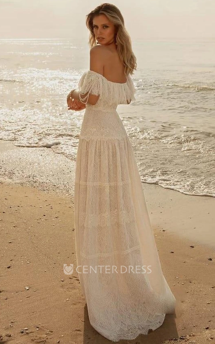 Beach Forest Mountain A-Line Boho Lace Wedding Dress Summer Off-the-Shoulder Floor Length Backless Destination Bridal Gown with Ruffles