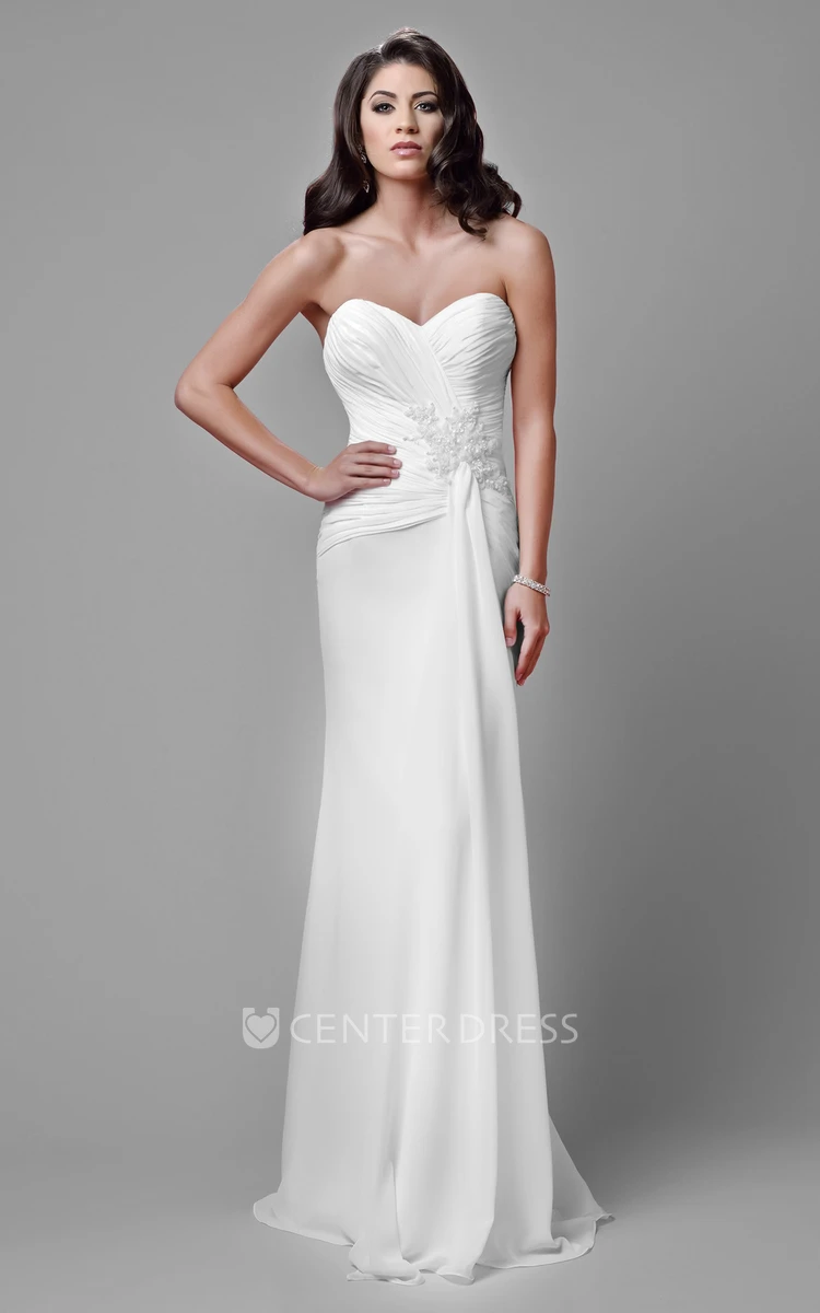 Column Sweetheart Chiffon Wedding Dress With Ruched Bodice And Asymmetrical Waistline