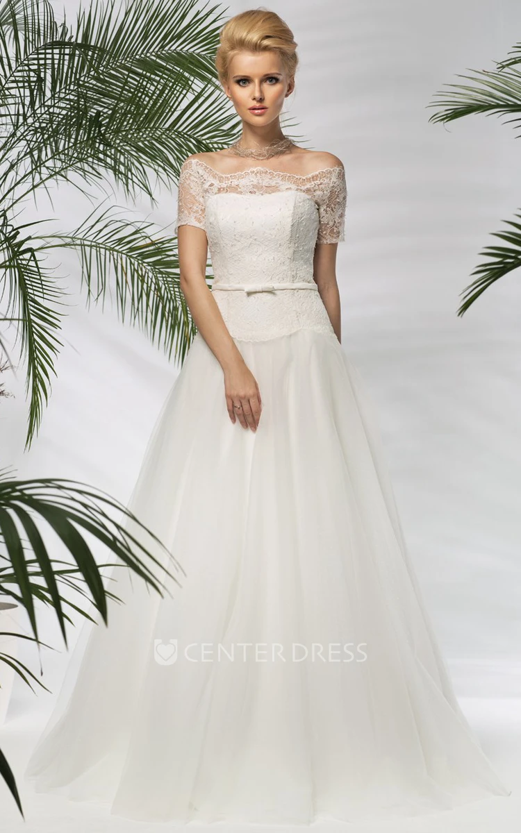 A-Line Off-The-Shoulder Short-Sleeve Floor-Length Tulle&Lace Wedding Dress