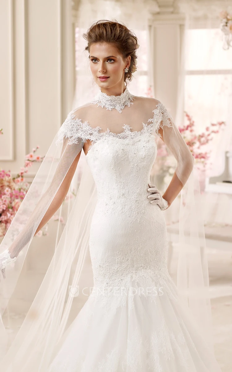 High-neck Applique Mermaid Wedding Dress with Long Tulle Cap