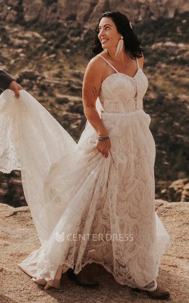 A-Line Spaghetti Tulle Wedding Dress with Sweep Train Casual Ethereal