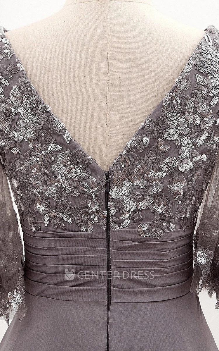 Ethereal Bateau A Line Floor-length Half Sleeve Chiffon Formal Dress with Ruching