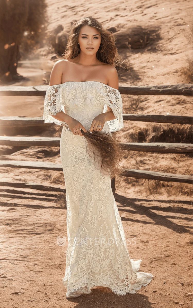 Boho Sheath Off-the-shoulder Lace Wedding Dress Open Back Draping Short Sleeve Bridal Gown with Train