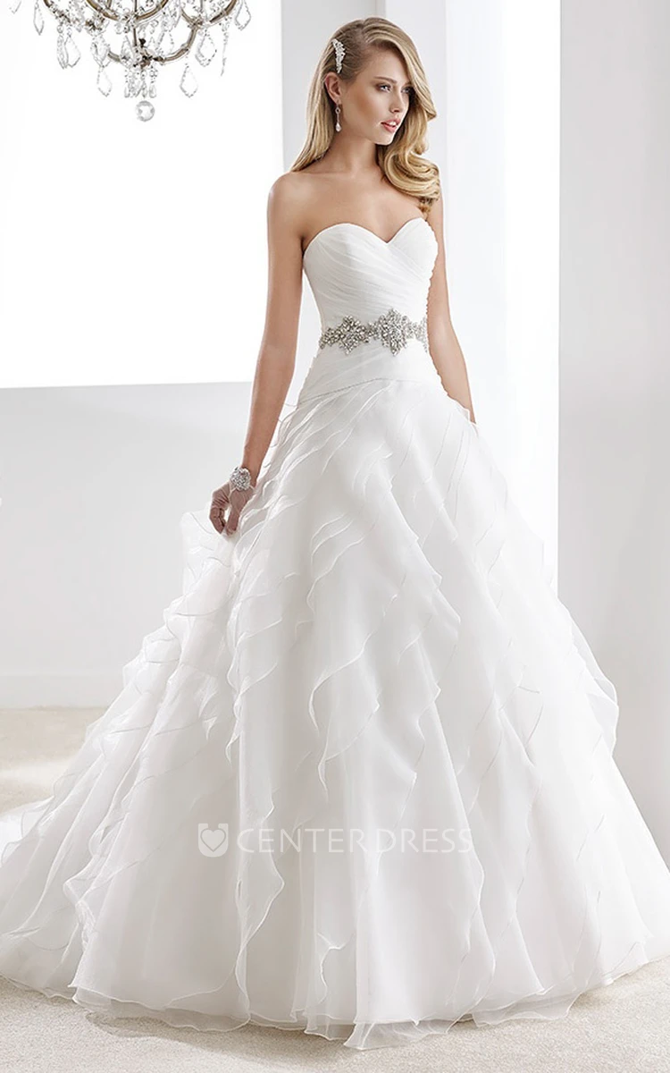 Sweetheart Pleated A-Line Bridal Gown With Cascading Ruffles And Beaded Belt
