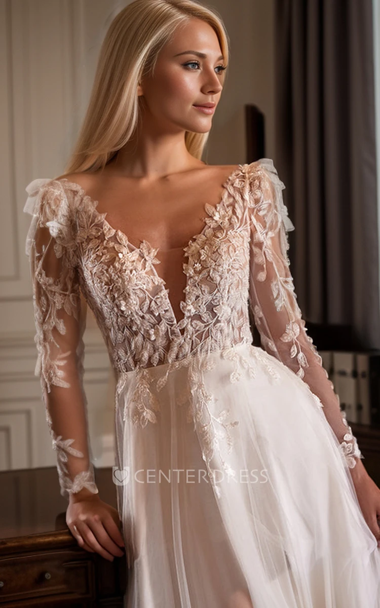 Whimsical Bohemian Spring A-Line V-Neck Wedding Dress with Long Sleeve Flowy Romantic Backless Appliqued Floor Length Maxi Bridal Gown