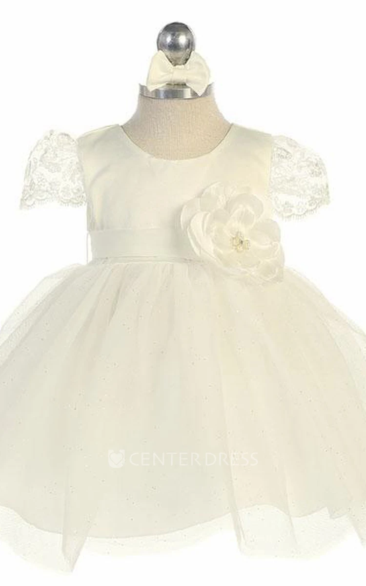 Tea-Length Floral Tiered Tulle&Satin Flower Girl Dress With Embroidery