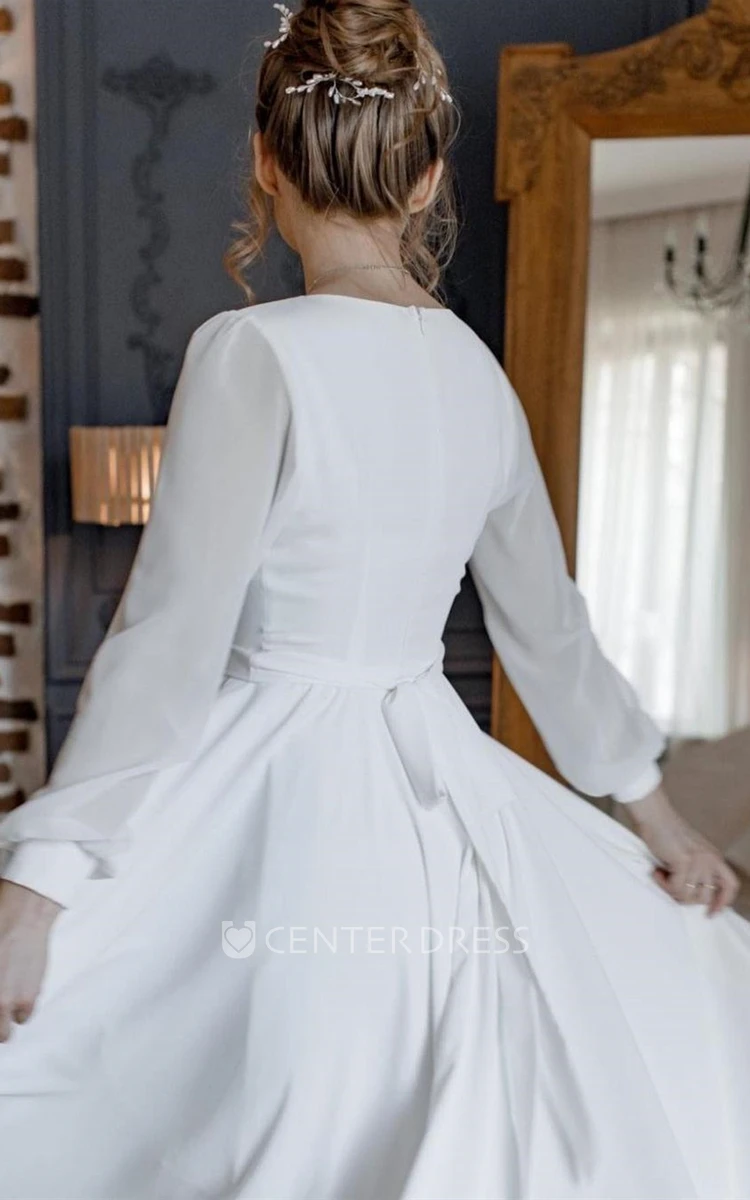 Elegant V-neck A Line Chiffon Wedding Dress with Sash and Split Front