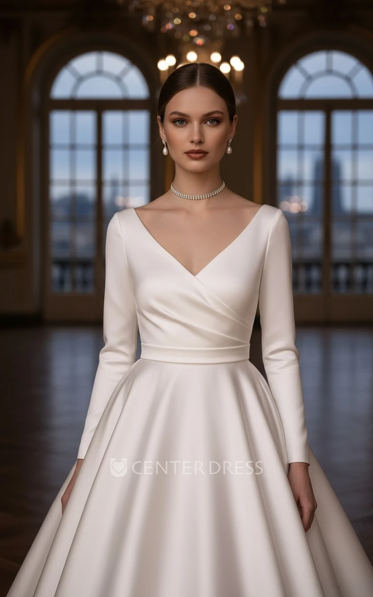 Vintage Elegant Satin Long Sleeve A-Line V-neck Warm Wedding Dress Simple Solid Court Floor-length Button Deep-V Back Bridal Gown with Sash Train