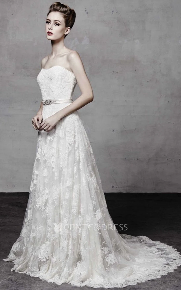 Jeweled Long Strapless Lace Wedding Dress With Appliques