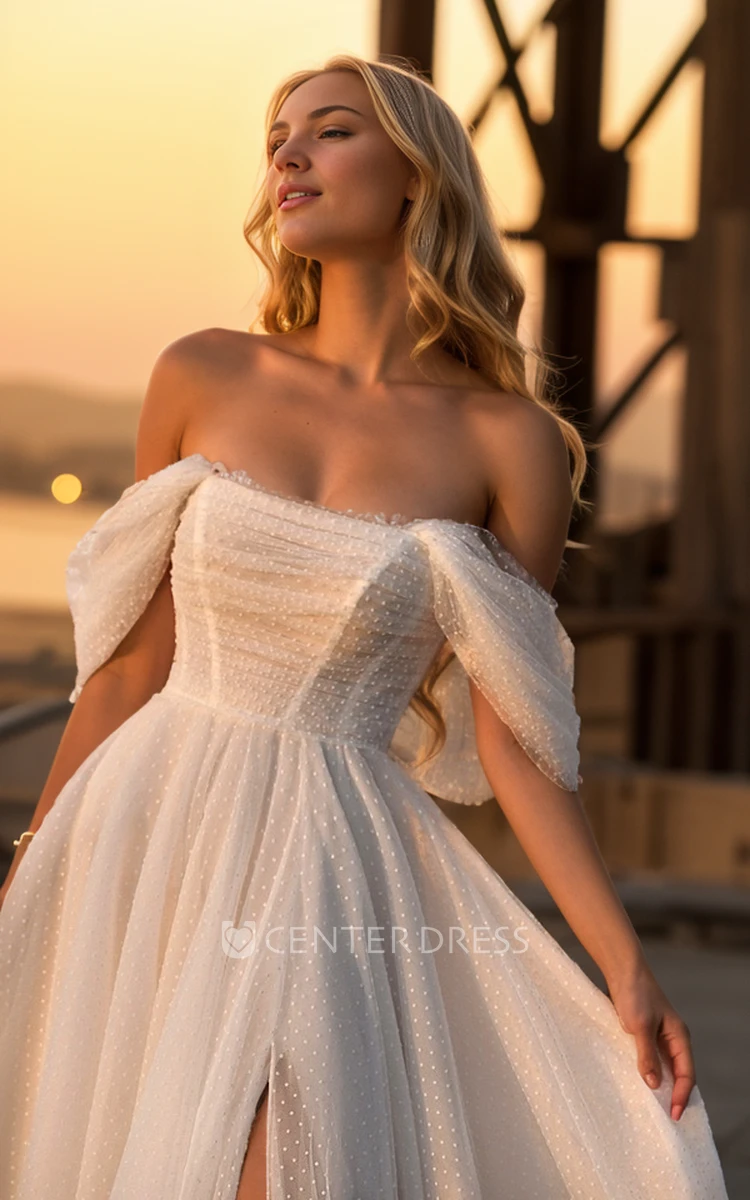 Vintage Adorable A-Line Tulle Off-the-shoulder Wedding Dress Romantic Simple Sexy Lace-up Back Floor-length Split Front Bridal Gown with Train