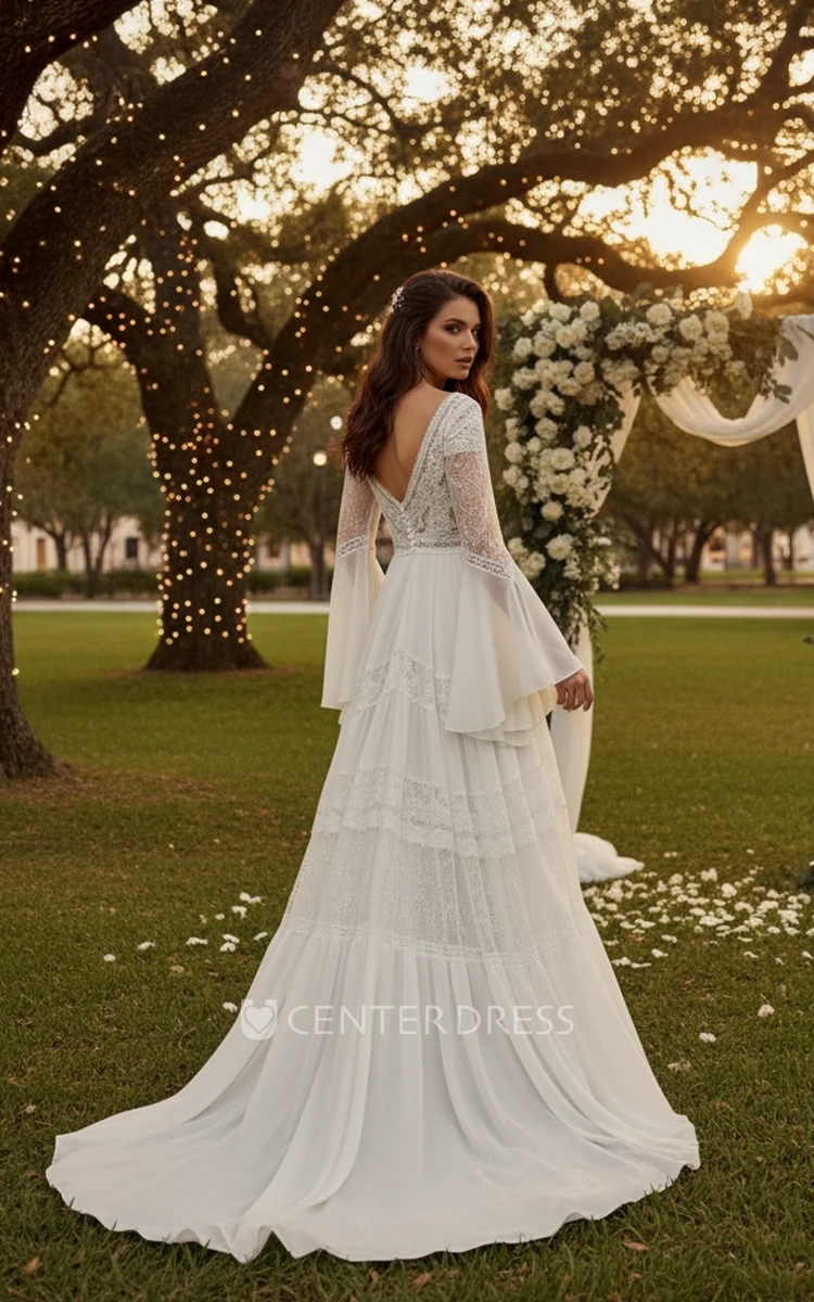 Vintage A-Line Boho Lace Wedding Dress Flowing Bell Sleeves Chiffon Bridal Gown