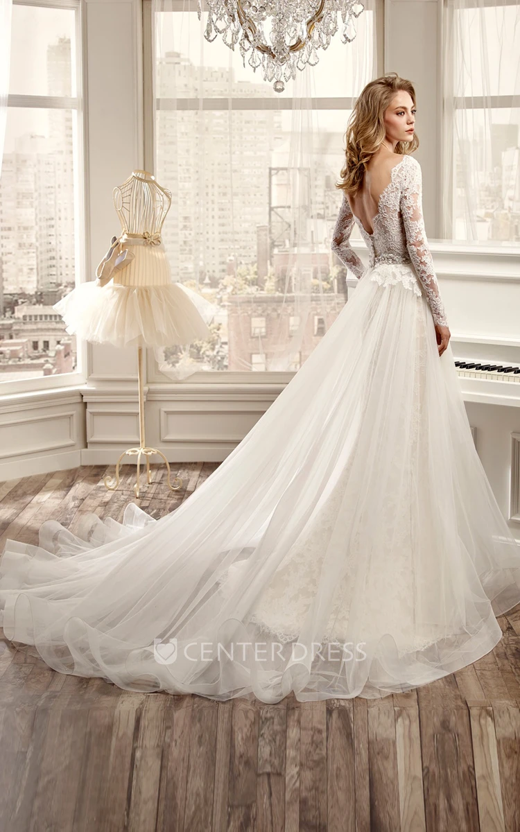 Long-Sleeve V-Neck Wedding Dress With Low-V Back And Beaded Waistline