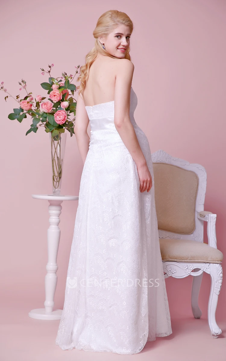 Empire Waist Strapless Lace Maternity Wedding Dress With Satin Bow