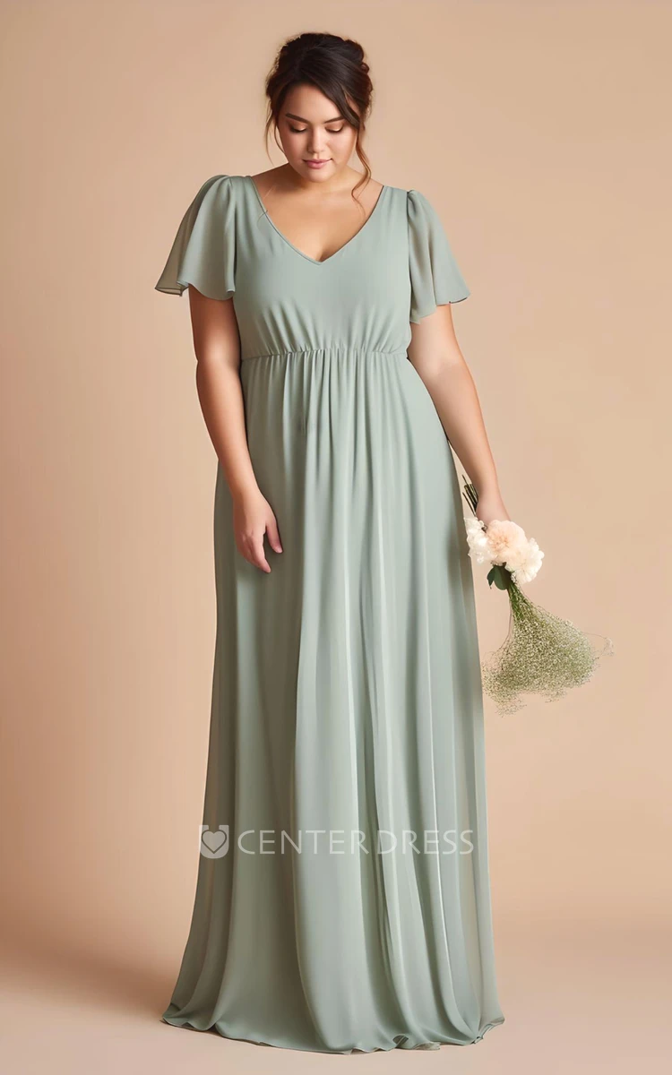 Modest Elegant Plus Size Sheath Bridesmaid Dress Short Sleeve V-neck Floor-length