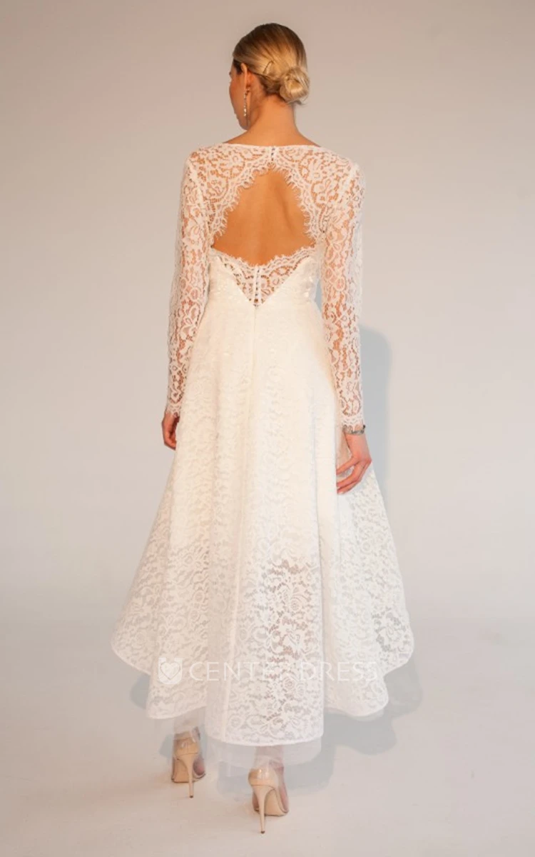 High-low A Line Vintage Lace Long Sleeve Wedding Gown
