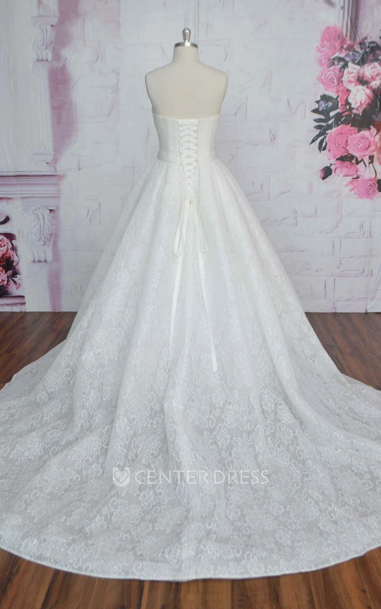Ballgown Ruched Sweetheart Lace-up Corset Lace Sleeveless Wedding Dress With Sash