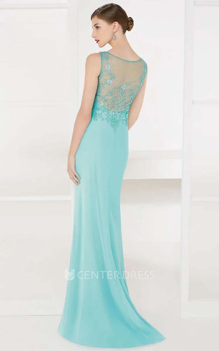 V Neck Sheath Appliqued Empire Waist Long Prom Dress With Illusion Back